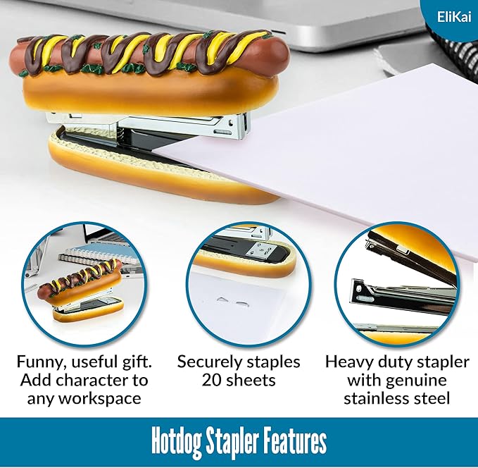 ELIKAI Hot Dog Stapler, Funny Gifts for Teachers and Principals, Unique Desk Accessory, Ideal Back-to-School Gift for Classroom or Teacher Lounge Decor, Includes 1000 Staples, Brown, 7 oz