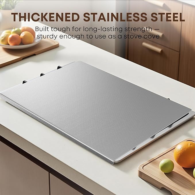 KORVOS Stainless Steel Cutting Board, 15.7"L x 11.8" W Heavy Duty Steel Chopping Boards for Kitchen, Metal Cutting Board with Lip&Non-slip pad, New Textured Against Scratches Surface, Easy To Clean