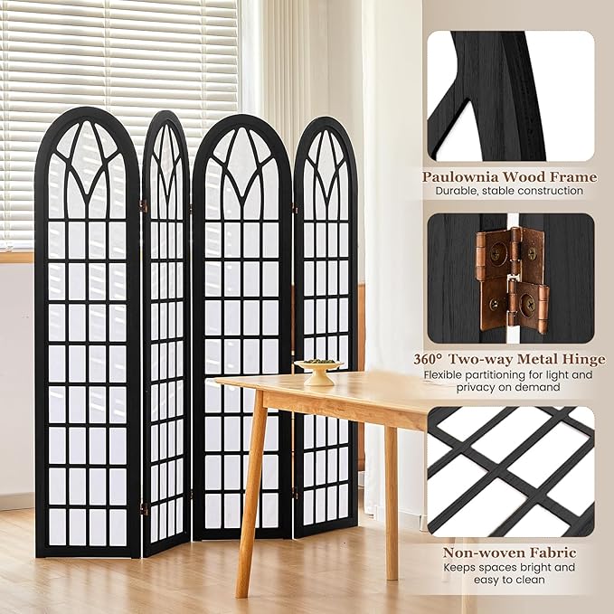Asnefeli Room Divider 4 Panel, Japanese Shoji Privacy Screen for Bedroom Home Office Separation, Folding Wood Partition Wall, 5.6 Ft Black Decor