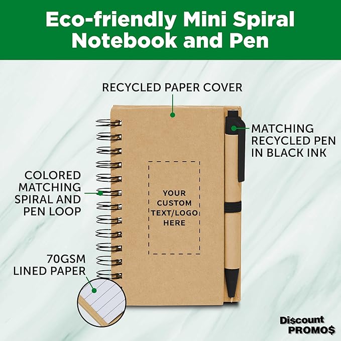 Custom Mini Spiral Notebooks with Black Ink Pens Set of 10/50/100, Personalized Bulk Pack - Perfect for School, Office, Business, Home - Black