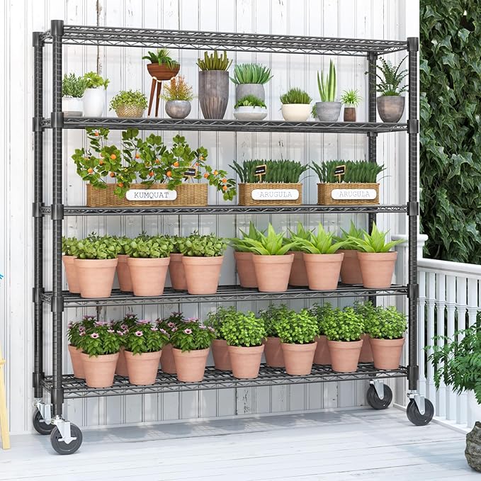 Homdox 5 Tier Heavy Duty Metal Wire Shelving with Wheels, 3000 lbs Capacity Garage Storage Rack, Rolling Industrial Storage, Adjustable Commercial Shelves for Kitchen, Warehouse, 18"x60"x82", Black