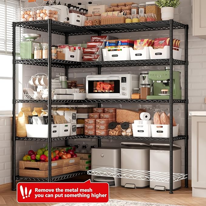 5 Tier Storage Shelves Metal Shelving Unit Load 1500LBS,Adjustable Wire Shelving Pantry Shelves for Storage,Kitchen Shelves Storage Rack for Commercial Garage Shelving Heavy Duty,61.7"W*72.4"H*15.8"D