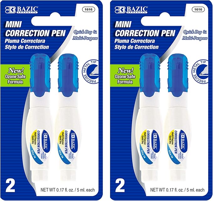 BAZIC Products Correction Pen – Corrections Fluid, Precise Metal Tip White Out, Ideal for School & Office Supplies, Alternative to Correction Solution, 2/Pack, 2-Packs