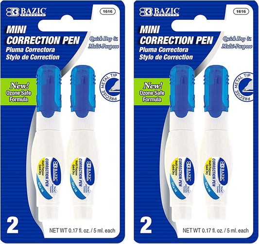 BAZIC Products Correction Pen – Corrections Fluid, Precise Metal Tip White Out, Ideal for School & Office Supplies, Alternative to Correction Solution, 2/Pack, 2-Packs