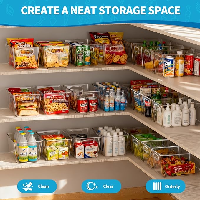 KJIXYUNG 6 Pack Clear Stackable Storage Bins with Lids, Large Plastic Pantry Organizers and Storage Containers for Kitchen Cabinet, Fridge, Closet, Bathroom - BPA-Free Home Organization Must Haves