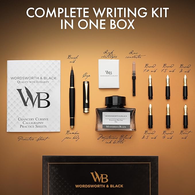 Wordsworth & Black Calligraphy Pen Gift Set, Includes Ink Bottle, 6 Ink Cartridges, Ink Refill Converter, 6 Replacement Nibs, Luxury Bamboo, Journaling, Smooth Writing Pens [Black Wood]