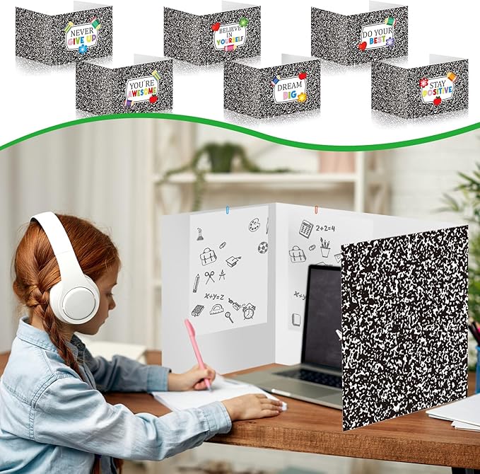 Cinrobiye 24 Pcs Composition Privacy Folders Standard for Students Cardboard Shields Test Privacy Boards Inspirational Words Desk Dividers Shield for Classroom School Study Supplies (Black)