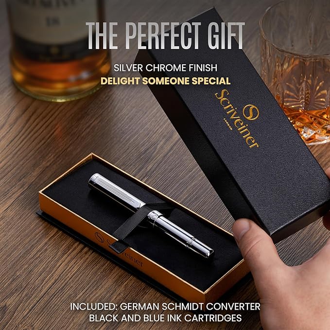 Scriveiner Personalized Silver Chrome Fountain Pen (Medium), Award Winning Luxury Pen, Heavy Pocket Pen, Chrome Finish, Best Engraved Fountain Pen Gift Set for Men & Women, Name Engraving