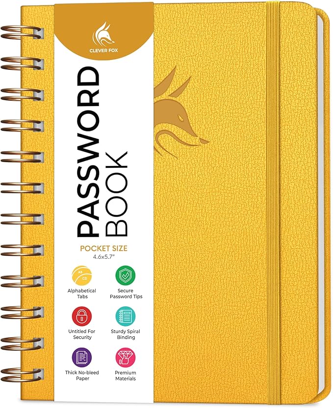 Clever Fox Password Book Spiral – Mini Internet Address & Password Organizer with Laminated Alphabetical Tabs – Small Password Keeper Journal – Hardcover, Pocket Size, 4.7x5.7” (Amber Yellow)