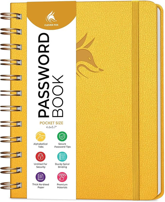 Clever Fox Password Book Spiral – Mini Internet Address & Password Organizer with Laminated Alphabetical Tabs – Small Password Keeper Journal – Hardcover, Pocket Size, 4.7x5.7” (Amber Yellow)