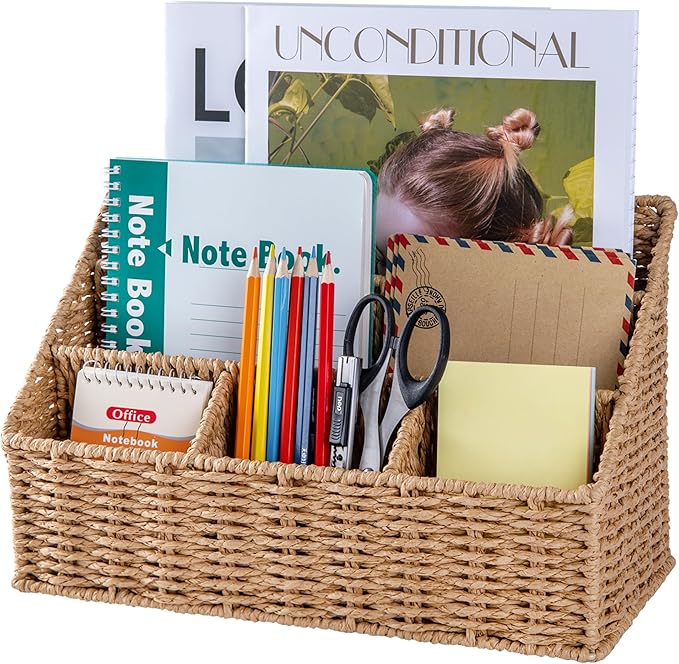 DINGTAI Rattan Desk Organizer, Tabletop Mail Holder, 5 Slot Mail Organizer Countertop Basket, Rattan Office Supplies, Boho Office Desk Accessories, Wicker Desk Organizer, Magazine Holder（Wicker）