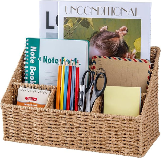 DINGTAI Rattan Desk Organizer, Tabletop Mail Holder, 5 Slot Mail Organizer Countertop Basket, Rattan Office Supplies, Boho Office Desk Accessories, Wicker Desk Organizer, Magazine Holder（Wicker）