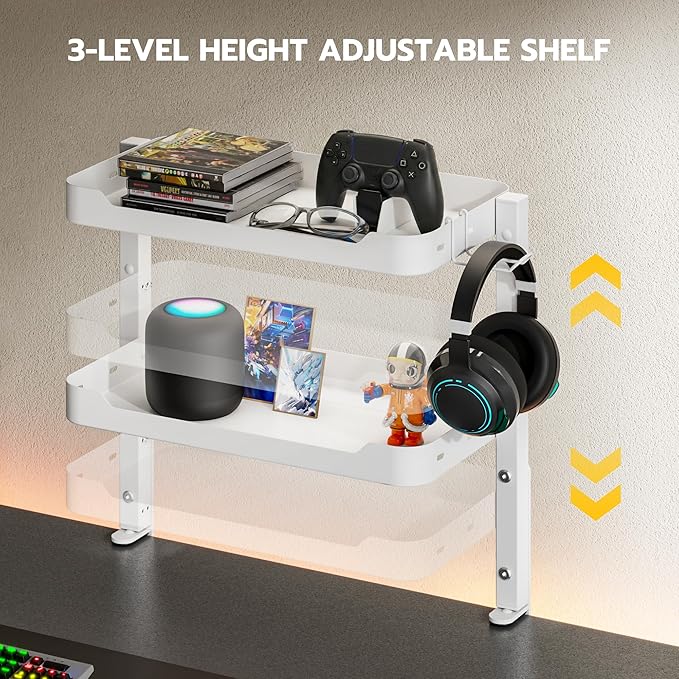 ARES WING 2-Tier Clamp On Desk Shelf, 16 inch Adjustable Above or Under Desk Storage Shelves Holds 44 lbs, Heavy Duty Desktop Organizer with Headphone Holder for Working and Gaming Accessories, White
