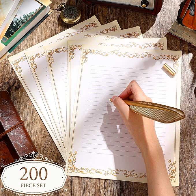 Sabary 200 Sheets Lined Stationary Writing Paper 8.5 x 11 Inch Fancy Vintage Stationery Letters Paper Lined Antique Retro Sheets for Letters Invitations Resume(Gold)