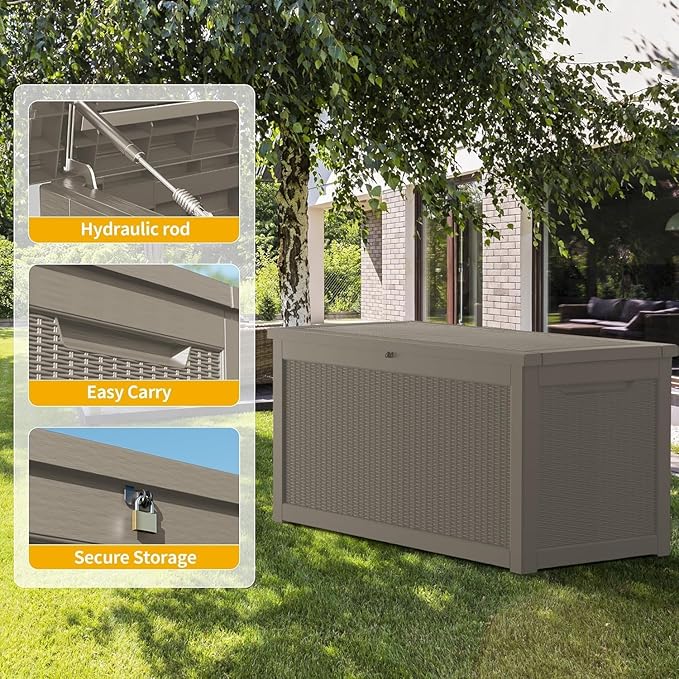 PATIOEASY Outdoor Storage Box 320GAL Waterproof Resin Deck Box,UV-Resistant Lockable Delivery Bin for Garden Tools,Large Patio Outside Cushions,Pool Accessories Supplies,Chest,Furniture,Package,Grey