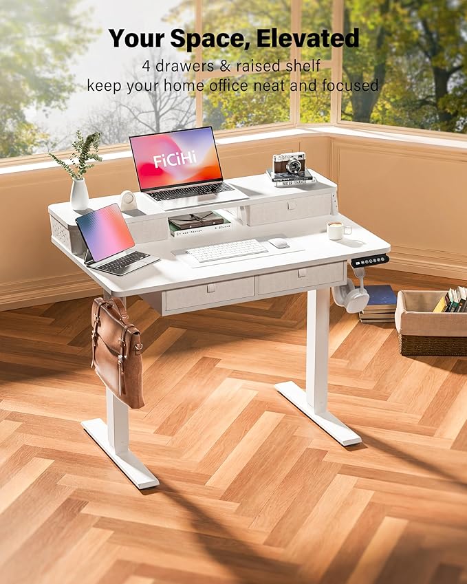 FiCiHi Electric Standing Desk with Four Drawers, Adjustable Height Sit Stand Desk, C-Clamp Compatible Home Office Desk with Storage Shelf & Monitor Stand Riser, 40 x 24 Inch, White