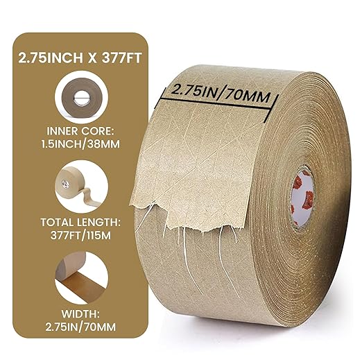 TAPEBEAR 1.5" Core Water Activated Tape, Fiber Reinforced Gummed Tape 2.75inch x 377ft, Eco-Friendly Kraft Paper Tape Biodegradable Brown Packing Tape for Security Sealing, Packaging, Shipping, 4Rolls