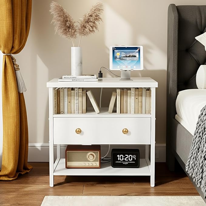 Edbuosy 27 Inch Wide Night Stand with Charging Station, Wood Nightstand with Open Shelf, Large Drawer Bedside Table for Living Room/Bedroom/Office (White)