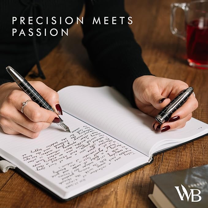 Wordsworth & Black Majesti Fountain Pen - (Checked), Luxury Case, Chrome Finish, Iridium Medium Nib - 24 Ink Cartridges, Refillable Ink Converter-Calligraphy Pen-Best Business Gift Set for Men & Women