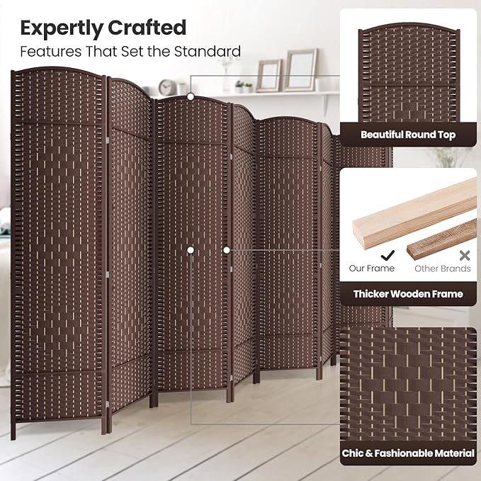 Cocosica 8 Panel Room Divider,6Ft Folding Privacy Screen,Tall - Extra Wide Foldable Panel Partition Wall Divider with Diamond Double-Weaved Hand-Woven Design Room Screen Divider
