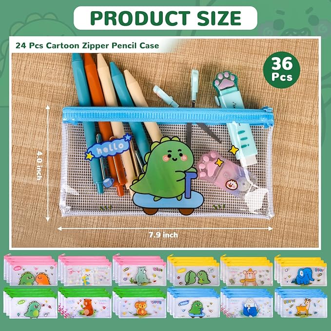 Ulema 24 Pcs Back to School Gifts Cartoon Mesh Pencil Pouch Bags Plastic Zipper Pouch 8×4 Inch for Classroom Organization School Office Supplies (24)