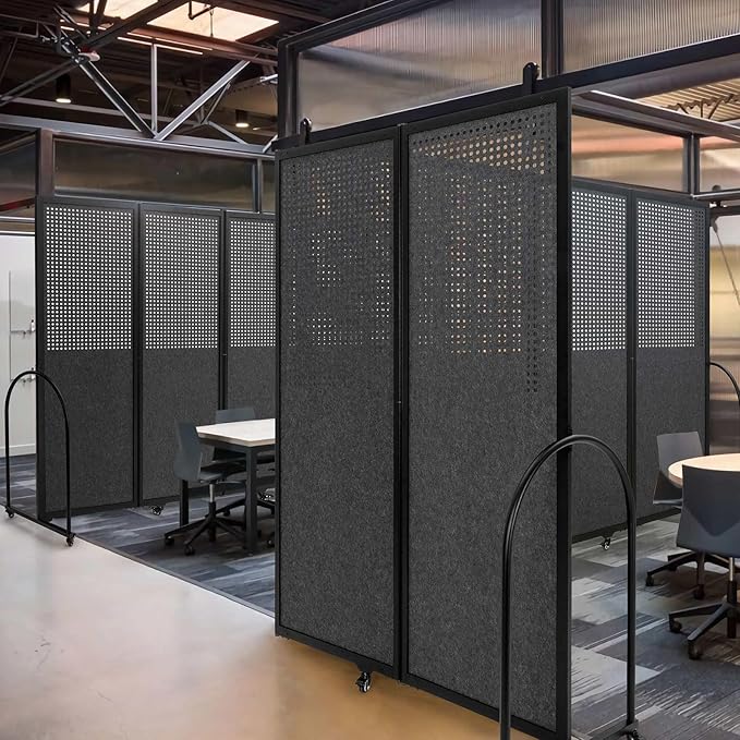 Folding Room Partition,Freestanding Privacy Divider,Portable Office Divider Wall,Commercial Space Partition Screen,Perforated Felt Panel Design,18'5"W x 6'7"H,7 Panel,Dark Grey