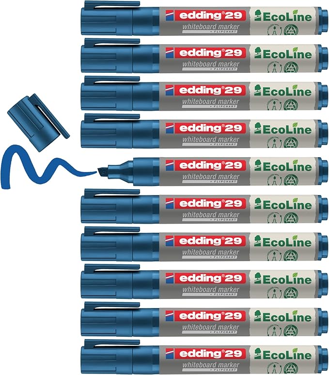 edding 29 Ecoline whiteboardmarker - blauw - 10 whiteboardstiften - beitelpunt 1 - 5 mm - boardmarker uitwisbaar - voor whiteboard, flipchart, magneetbord, prikbord, memobord - sketchnotes - navulbaar