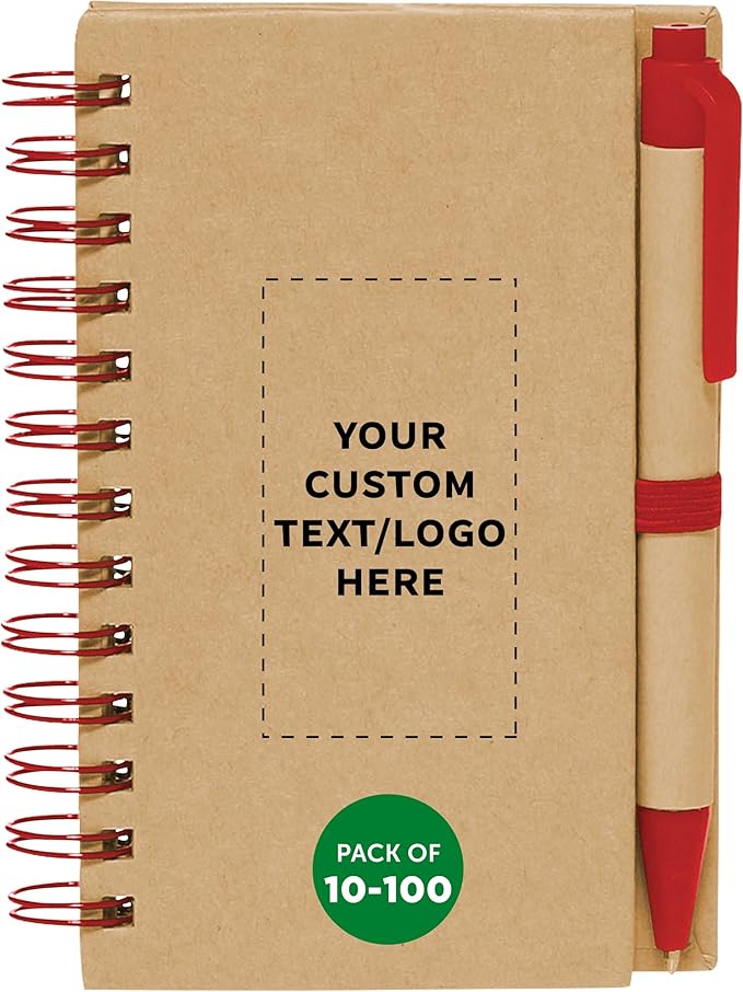Custom Mini Spiral Notebooks with Black Ink Pens Set of 10/50/100, Personalized Bulk Pack - Perfect for School, Office, Business, Home - Red
