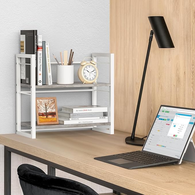 ART-GIFTREE Office Desk Shelf Organizer, Wood Desktop Bookshelf Supplies Storage Rack, Shelf for Top of Desk and Dresser (Grey-2 Tier)