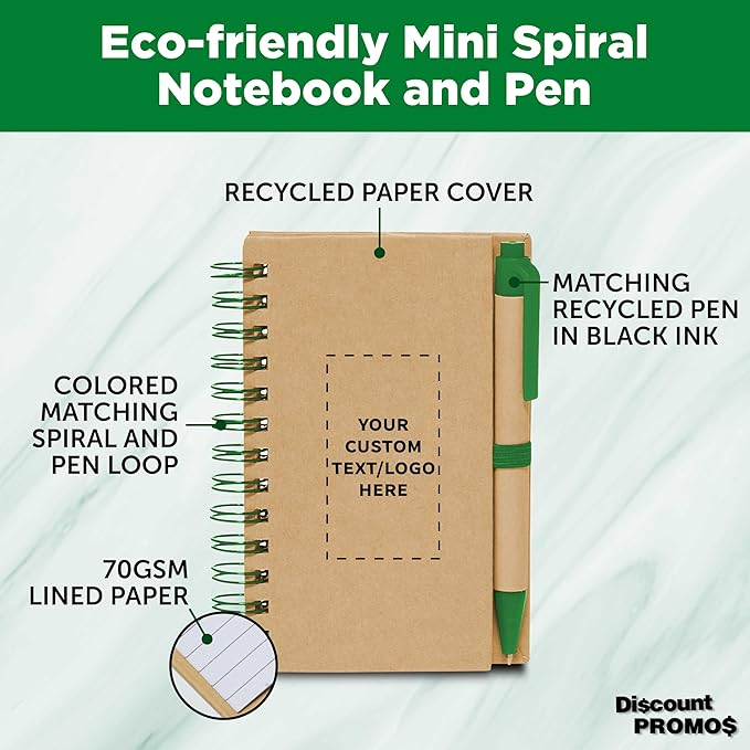 Custom Mini Spiral Notebooks with Black Ink Pens Set of 10/50/100, Personalized Bulk Pack - Perfect for School, Office, Business, Home - Green