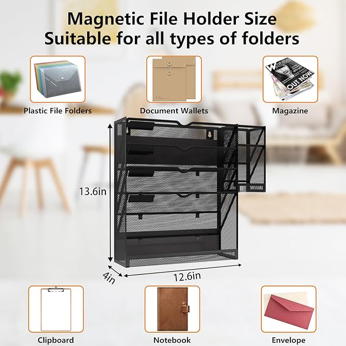 KZWKRG Magnetic File Holder, Magnetic File Organizer Wall Mount, 5 Tier Hanging Mail Organizer Folder Holder, Mesh Desk Accessories and Organizers, Paper Document Magazine Rack with 3 Pen Holder