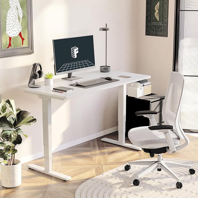 FLEXISPOT E6 3-Stage Dual Motor Electric Standing Desk 55 x 28 Sit Stand Up Desk, Holds 220 lbs, Adjustable Height w/Memory Presets, One-Piece White Desktop & White Frame, Ships in 2 Boxes