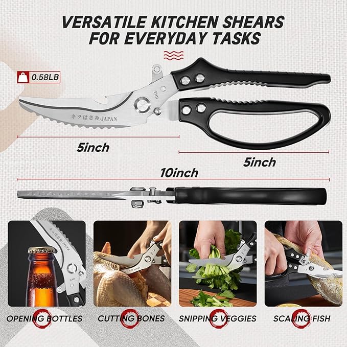 TIVOLI Poultry Shears Black,Japanese Kitchen Shears Heavy Duty with Non-Slip Handle & Safety Lock,Multifunctional Kitchen Scissors for Chicken, Meat, Turkey, Fish, Vegetables,Ideal Gift