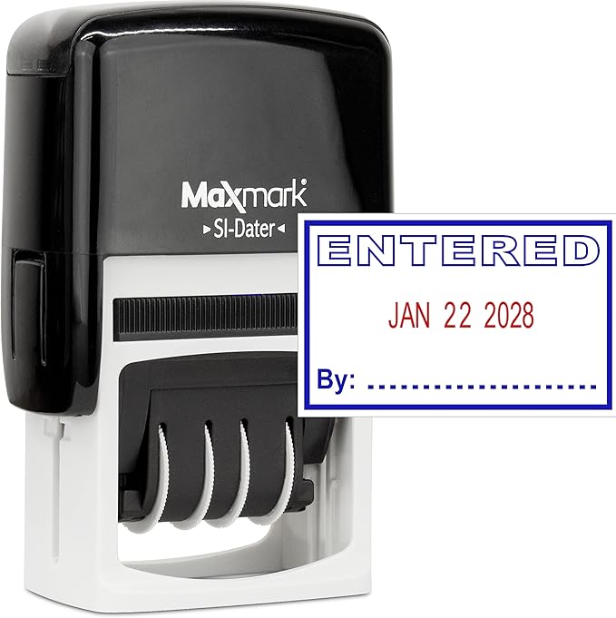 MaxMark Office Self Inking Date Stamp with Phrase Entered - 2 Color Blue/Red Ink