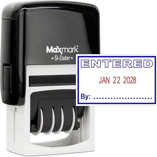 MaxMark Office Self Inking Date Stamp with Phrase Entered - 2 Color Blue/Red Ink