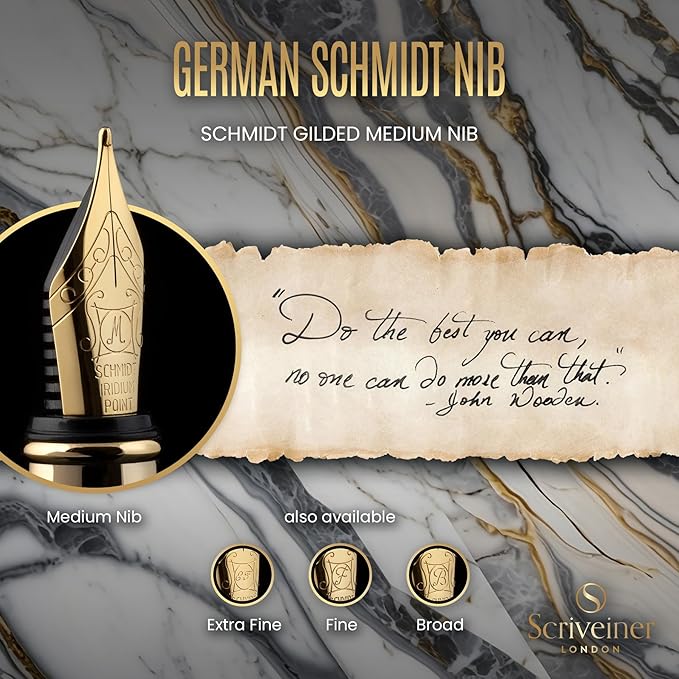 Scriveiner Personalized Silver Chrome Fountain Pen - Stunning Luxury Pen, Real Gold Plating, Schmidt Gilded Nib (Medium) Best Engraved Pen Gift Set for Men & Women, Custom Name Engraving