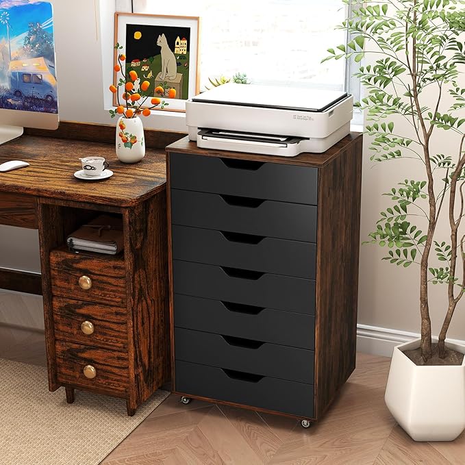 Giantex 7-Drawer Storage Cabinet, Mobile File Organizer with 4 Universal Casters, Wooden Vertical Filing Cabinet on Lockable Wheels for Office, Study, Living Room (19.5” x 16” x 34.5”,Brown+Black)