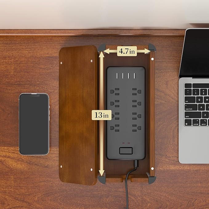 Delamu Wooden Cable Management Box, Retro-Inspired Look Desk Cord Organizer Box for Home Office, Large Cable Organizer Hides Cords and Power Strips, Power Strip Cover, 14.3" x 6.0" x 5.5", Dark