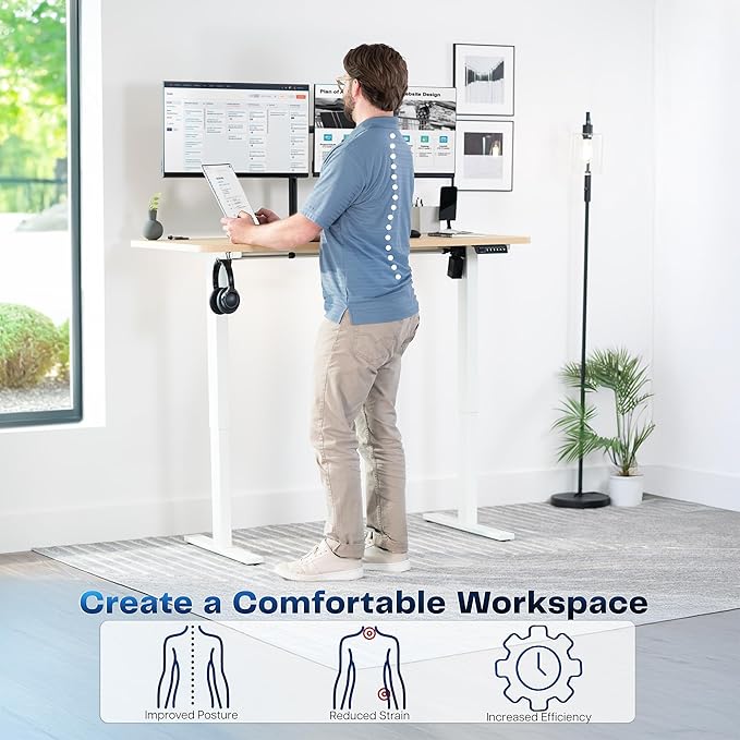 VIVO Electric 55 x 28 in Standing Desk, Memory Height Adjustment, 1B Series, Holds 220 lbs, One-Piece Light Wood Top, White Frame, DESK-KIT-1W55C