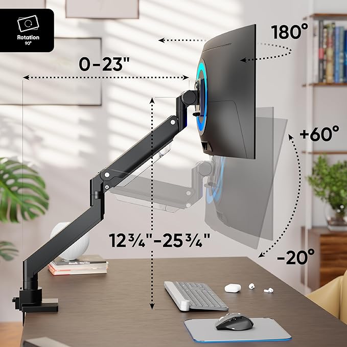 ONKRON Heavy Duty Monitor Arm for 17-57 Inch Screens up to 59.4 lbs, Ultrawide Screen Mount with Adjustable Gas Spring, VESA 75x75-200x200, Single Arm Monitor Mount for Desk, Clamp & Grommet Black