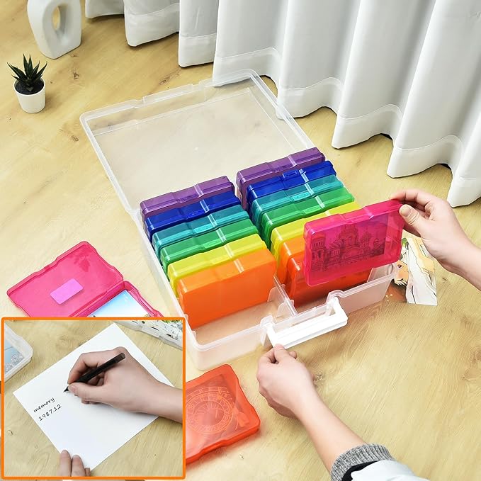 ALINK Photo Storage Box with Handle, 4" x 6" Photo Organizer Storage Container with 16 Inner Case and 1 Sheet Blank Labels for Pictures, Arts, Crafts, Sewing, Seeds, Office Supplies - Colored