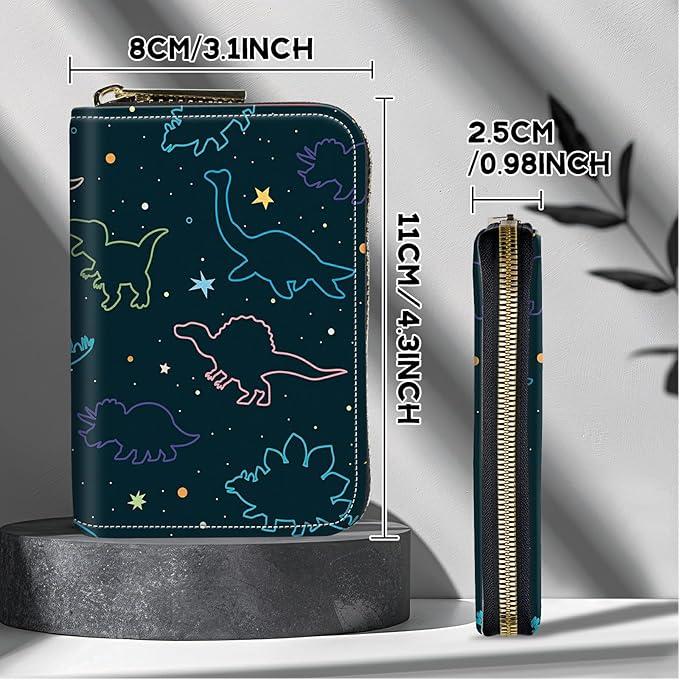 BWEGRHE Cute Credit Card Holder with Zipper, Fun Dinosaurs RFID-Blocking Card Case Small Wallet for Women Men, Multi-slot Card Organizer Case Travel Accordion Wallet