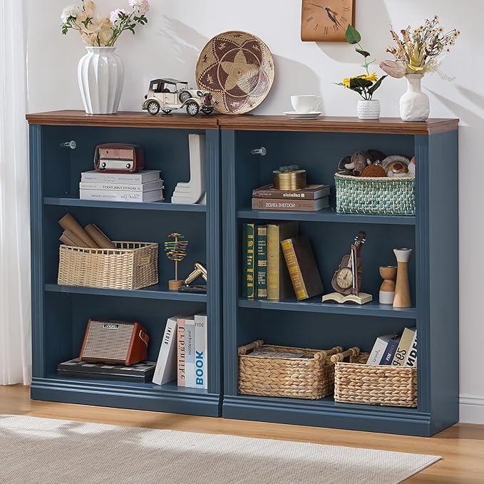 RWYHG 43" Blue Tall Bookshelf Set of 3,3-Tier Thick Wooden Book Shelf with Adjustable Shelves,Free Standing Farmhouse Bookcase with Open Display Storage,Floor Vintage Bookshelves for Living Room ﻿