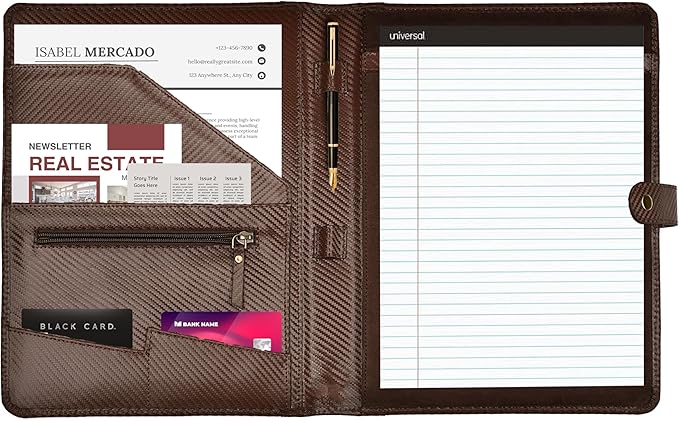 LEATHER VILLAGE Portfolio Professional Organizer– Carbon Fiber Genuine Leather Padfolio Resume Folder for A4 Letter Pad with Pen Holder, Business Card Slots & Writing Pad– Ideal for Men & Women-Brown