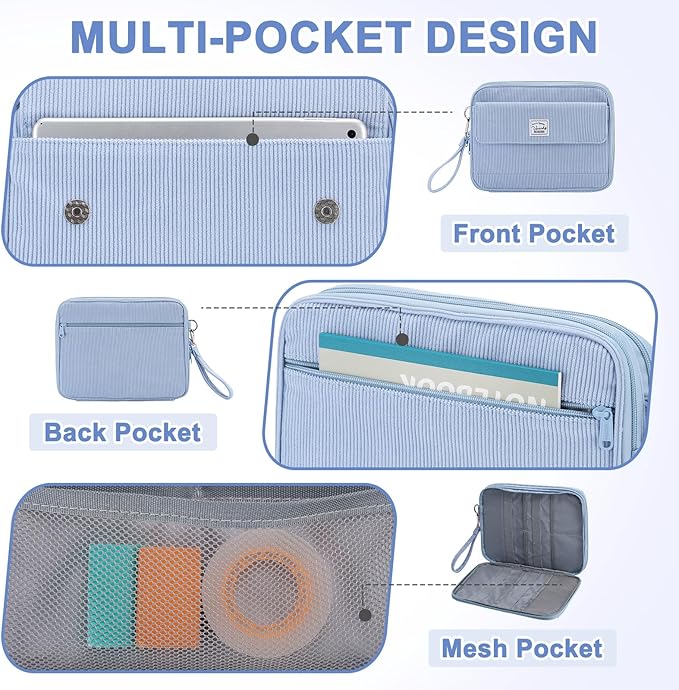 VASCHY Colored Pencil Case, Corduroy Large Pencil Pouch for Art Pens Markers Gel Pens Big Holder Organizer Fits 192 Pencils for Girls Women Light Blue