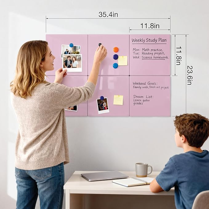 Comix Magnetic Dry Erase Board, 6 Pack, 11.8 x 11.8 Inches, Modular Whiteboard for Fridge, Office and Home, Small White Board Dry Erase Set for Kids, Students, Kitchen Organizer and Planner, Pink