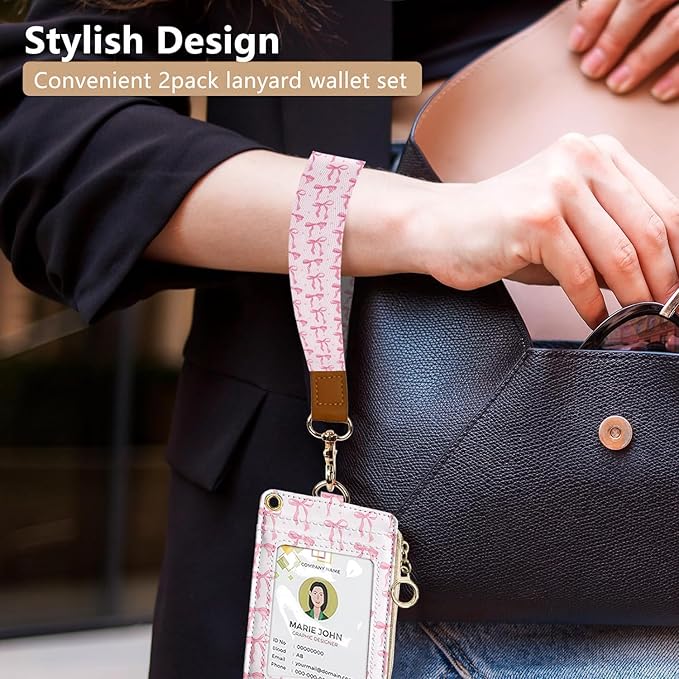 bolimoss Cute Pink Bow Lanyard Wallet, 2-in-1 ID Badge Holder & Leather Credit Card Holders, Women Zippered Coin Pouch with Removable Wristlet & Neck Lanyard, Clear Window, 5 Card Slots, Ring Keychain