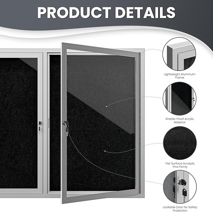 72"x36" Lockable Enclosed Bulletin Board, Outdoor Flet Weather-Resistant Aluminum Frame Notice Board, Wall Mounted Display Case Acrylic Doors for School,Office,Silver Frame w/Black Flet