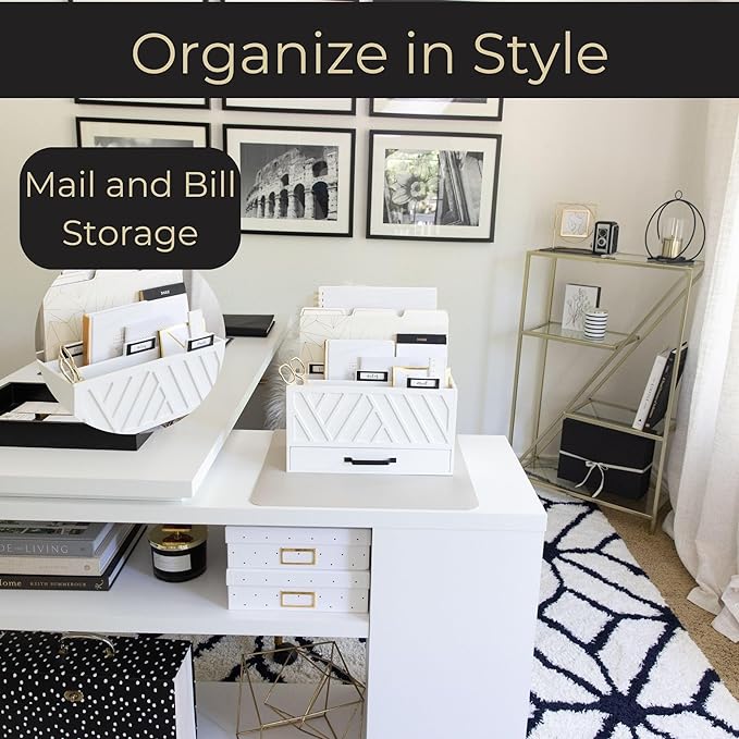 BLU MONACO White Desktop Mail Organizer with Drawer | Three-Tier Wooden Mail Holder with Gold Label Holders | Countertop Document and Bill Organizer for Home or Office