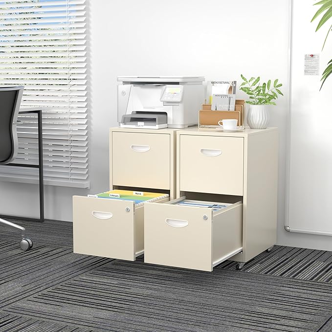 SteeLoong 2 Drawer File Cabinet with Lock，Cream Rolling File Cabinet for Home Office, Metal Small Mobile Filing Cabinets on Wheels for Hanging Letter